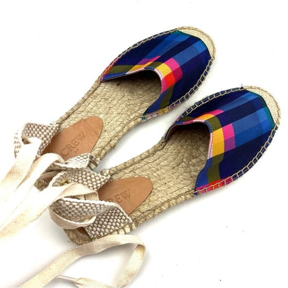 J. Crew Navy Madras Lace Up D’Orsay Flat Espadrille Sandals size 7.5 MSRP $90 - Picture 4 of 8